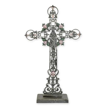 Kreuz aus Gusseisen mit Maria und Rosen, Höhe 88,1 cm, Standkreuz