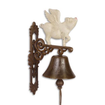 2er-Set Gusseisen-Wandglocken mit geflügeltem Schwein, A PAIR OF CAST IRON FLYING PIG BELLS