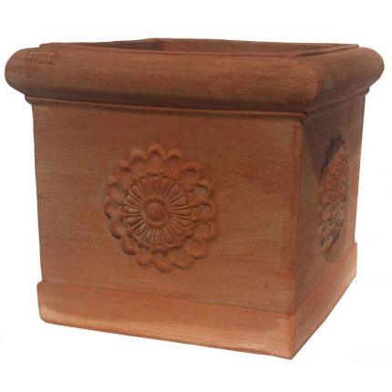 Galestro Terracotta, Quadro con Rosa, eckiger Pflanztopf mit Blütenornament, Blumentopf