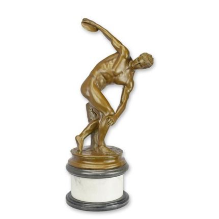 Bronzefigur antiker Diskuswerfer - H. 61,5 cm - Runder Marmorsockel in schwarz und weiß