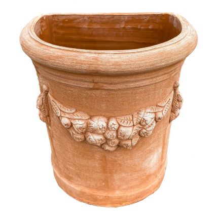 Galestro Terracotta, Tasca Nuova, Wandtopf, Blumentopf, halbrund, verziert, Früchtegirlande