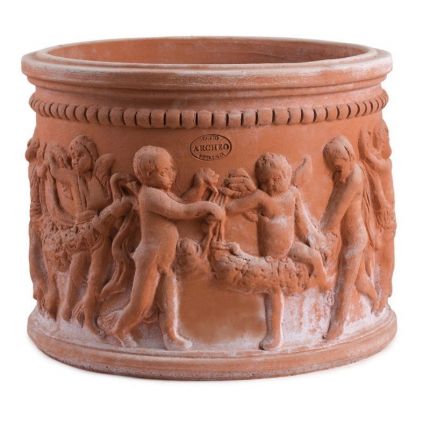 Impruneta Terracotta, Cilindro Putti, Pflanzgefäß, Pflanztopf, Blumentopf