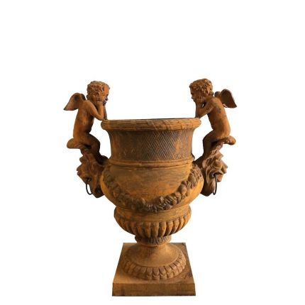 Gusseisen, Pokal mit Armoretten, Engel, Löwenkopf, Girlande, Pflanzgefäß, Amphore, Gefäß