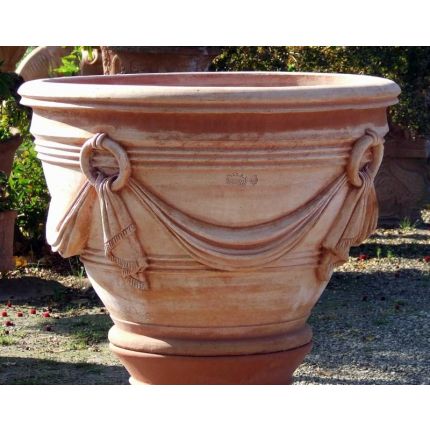 Impruneta Terracotta, Conca con drappi, verzierter runder Blumentopf, Becken