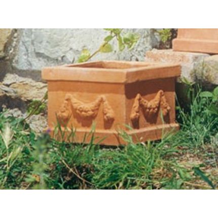 Impruneta Terracotta, Quadrato con festoni, Blumentopf, quadratisch, verziert, klein, Früchtegirlande, Vierecktopf, Terracottatopf