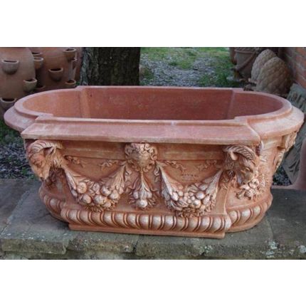 Impruneta Terracotta, Cassetta ornata con teste di ariete, Pflanztopf, oval, verziert, Früchtegirlande, Widderköpfe, Ovaltopf, Terracottatopf