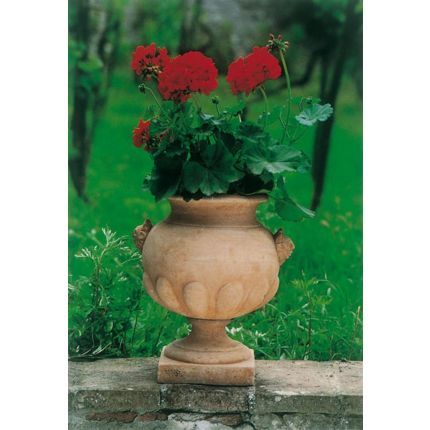  Impruneta Terracotta, Vaso a palla con maschere e piede, Pokal