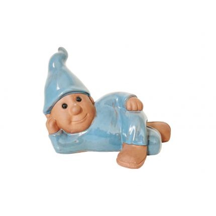 Wichtel, liegend - L. 31 cm - Terracotta, glasiert- Heritage Garden - azurblau