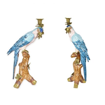 2er-Set Kerzenhalter Papageien - Porzellan mit Bronzeanteilen