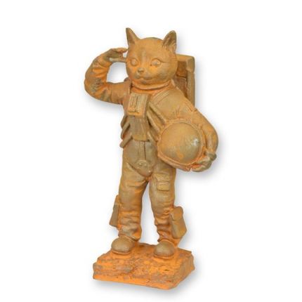 Katzenfigur als Astronaut - H. 22,9 cm - Gusseisen - rostige Oberfläche