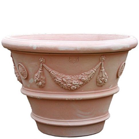 Impruneta Terracotta, Vaso Festonato, Blumentopf, rund, Rosettendekor, Girlande, Streifenverzierung