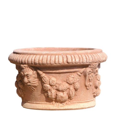 Impruneta Terracotta, Vasetto basso decorato, Blumentopf, Pflanztopf, rund, flach, klein, verziert, grau, Terracottatopf