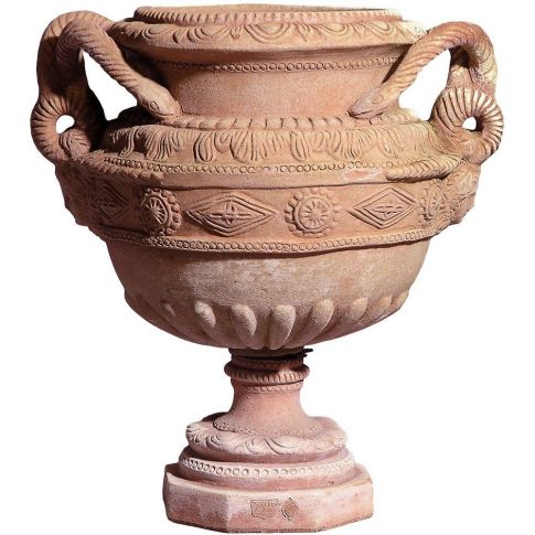 Impruneta Terracotta, Alzata con Manici a Serpe, verzierter Pokal mit Schlangengriffen, Pflanztopf