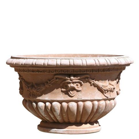 Impruneta Terracotta, Vaso ovale decorato, Pflanztopf, Blumentopf, oval, verziert, Girlandendekor, Maskendekor, Terracottatopf