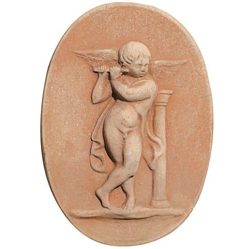 Impruneta Terracotta, Angelo con Flauto in Ovale, ovales Wandbild Engel mit Flöte, Dekoration, Relief