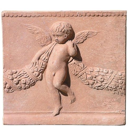 Impruneta Terracotta, Pannello Putto con Festone, Wandbild Putte mit Girlande , Dekoration, Relief