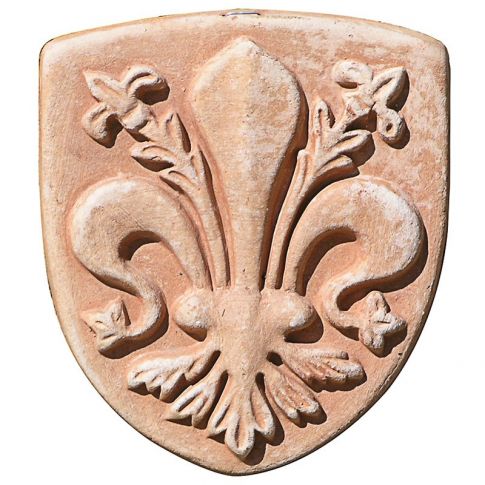 Impruneta Terracotta, Giglio di Firenze in scudo, Schild mit Florentiner Lilie, Reliefwandbild, Terrakottadekoration, Wanddekoration, Gartendekoration