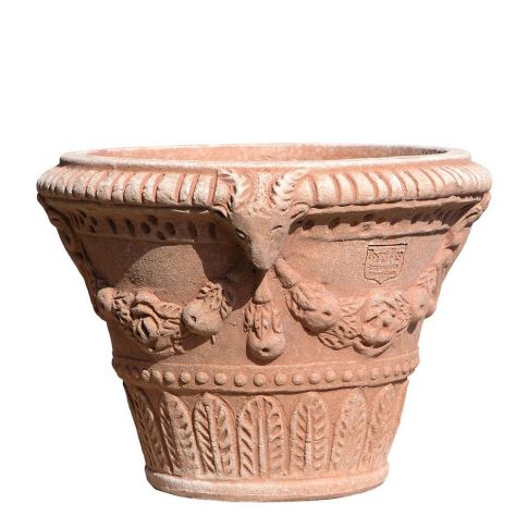 Impruneta Terracotta, Vasetto decorato con Stemma e Capre, runder Pflanztopf, Blumentopf, Vase