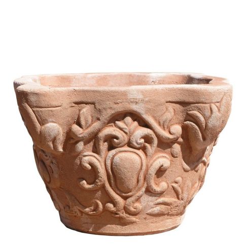 Impruneta Terracotta, Vasetto a capitello decorato, Blumentopf, verziert, eckige Form, klein, grau, Terracottatopf