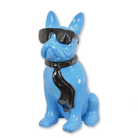 Bulldogge mit Sonnenbrille und Krawatte - blau-schwarz - H&ouml;he 59,6 cm - Polyresin