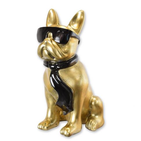 Bulldogge mit Sonnenbrille und Krawatte - goldfarben-schwarz - H&ouml;he 59,6 cm - Polyresin