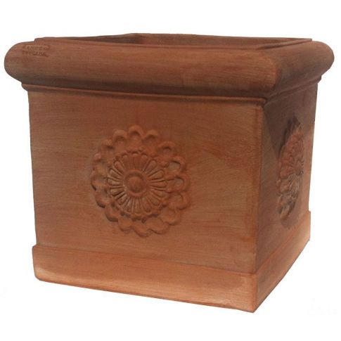 Galestro Terracotta, Quadro con Rosa, eckiger Pflanztopf mit Bl&uuml;tenornament, Blumentopf