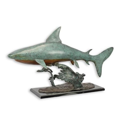 Bronzefigur Haifisch - L. 113 cm - mehrfarbig - Marmorsockel