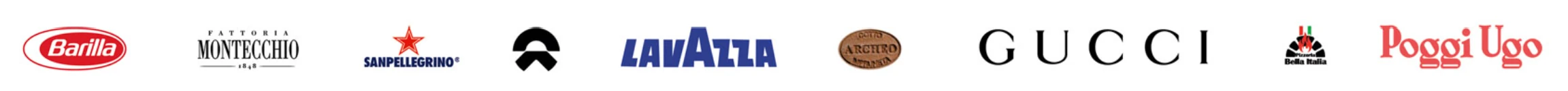 Ausgewählte Referenzen und Partner: Barilla, Fattoria Montecchio, San Pellegrino, NIO, Lavazza, Orti Archeo, Gucci, Bella Italia und Poggi Ugo